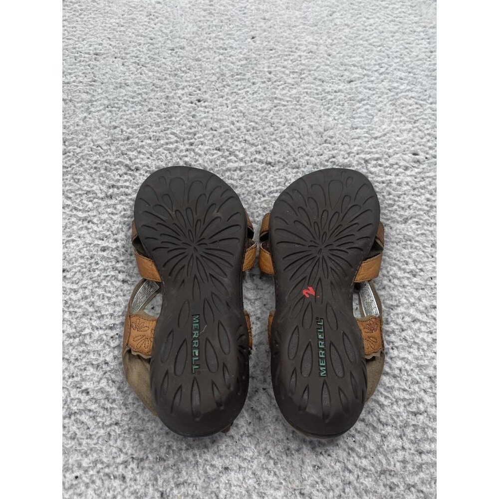 Women's Merrell Bassoon Tan Leather Strappy Open Toe Buckle Sandals Size 8 - Picture 9 of 10